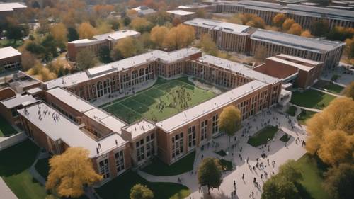 Vista aerea di un vasto campus universitario con studenti impegnati nei loro programmi di studio.