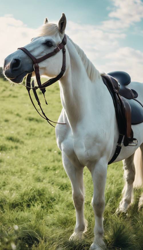 An image of a stylish preppy white horse wearing a black leather saddle and standing in lush green grass under a clear blue sky.