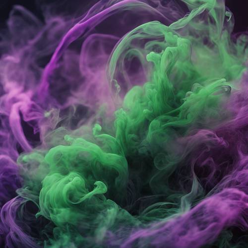 An abstract vortex of swirling neon green and purple smoke.