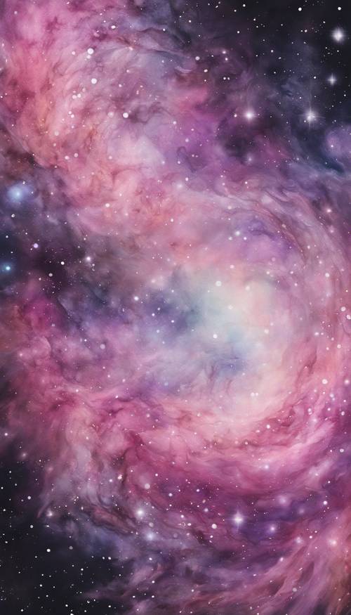 An ethereal watercolor painting of the galaxy with swirls of pinks and purples