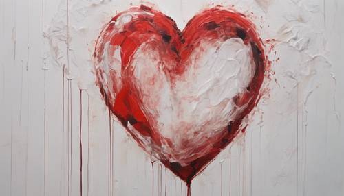 An abstract painting of a red heart embedded within a white heart.