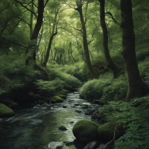 A tranquil dark green forest beside a gently flowing stream.