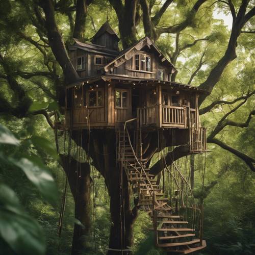 Derin yeşil bir ormandaki uzun bir ağacın genişleyen dallarının yükseklerine inşa edilmiş bir ağaç evi.