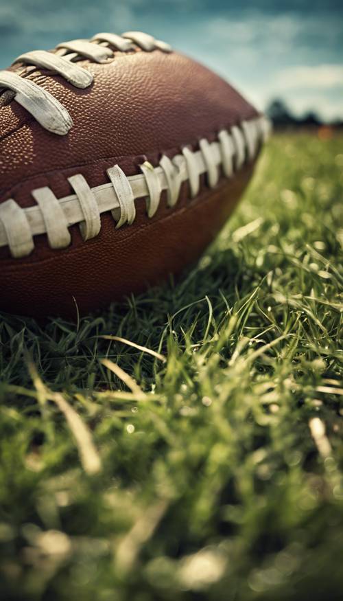 Uma foto de perto de uma bola de futebol americano em um campo gramado ao entardecer.