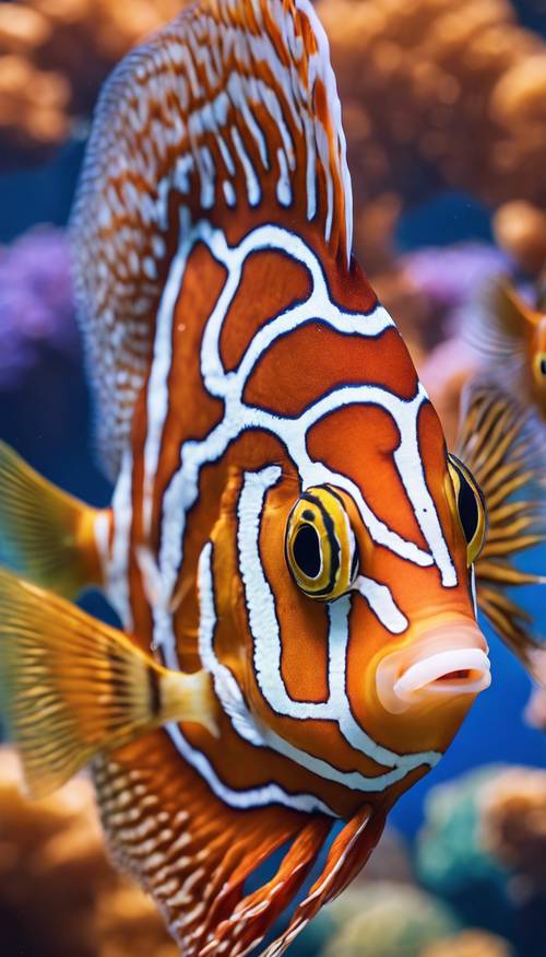 Eine Nahaufnahme eines Diskusfisches, die sein schönes und kompliziertes Muster zeigt.