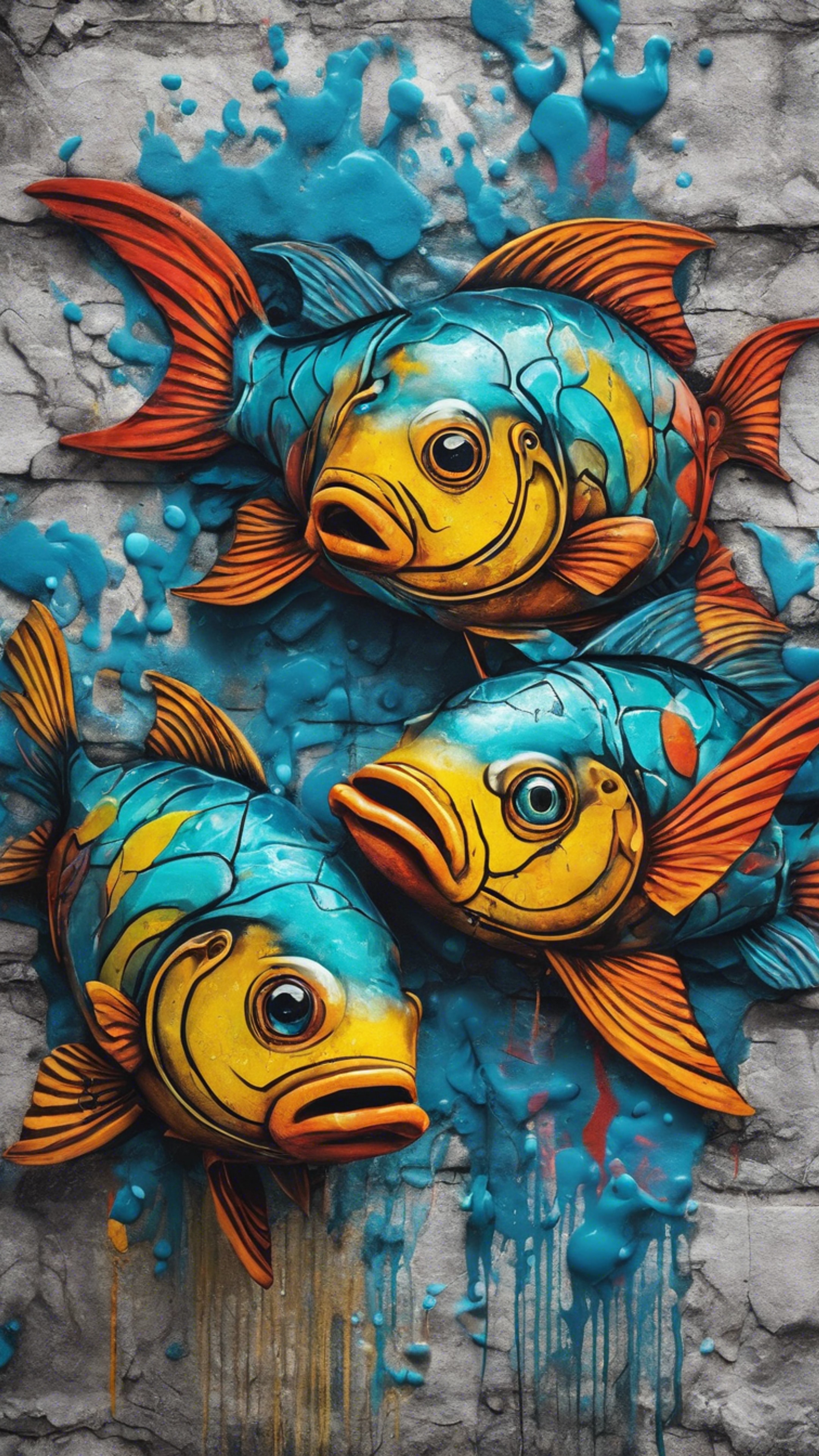 A vibrant street art depicting Pisces as two playful fish, on a textured wall with dynamic splashes of color. Tapeta[a1e08805c6ad437f94cb]