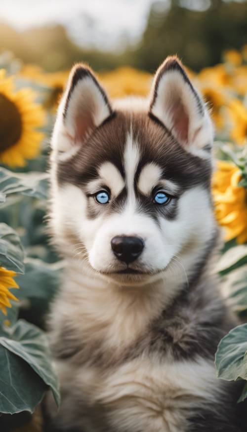 A playful blue-eyed husky puppy in a garden filled with vibrant sunflowers at high noon.