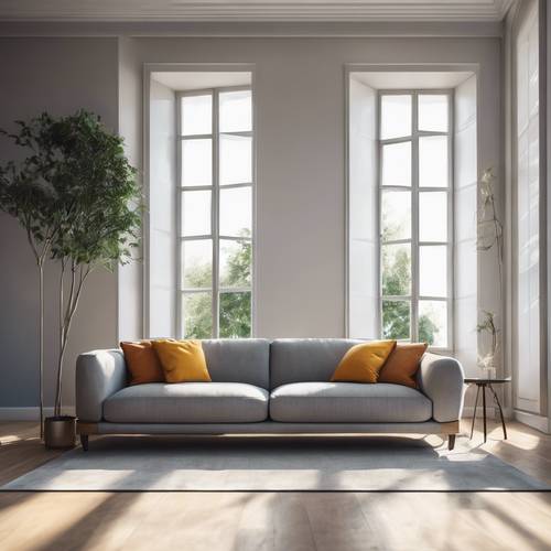 Um sofá cinza minimalista em uma sala iluminada e ensolarada com janelas grandes.