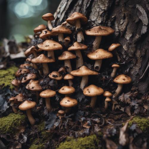 Захватывающий вид с воздуха на обширную колонию темных грибов на пне.