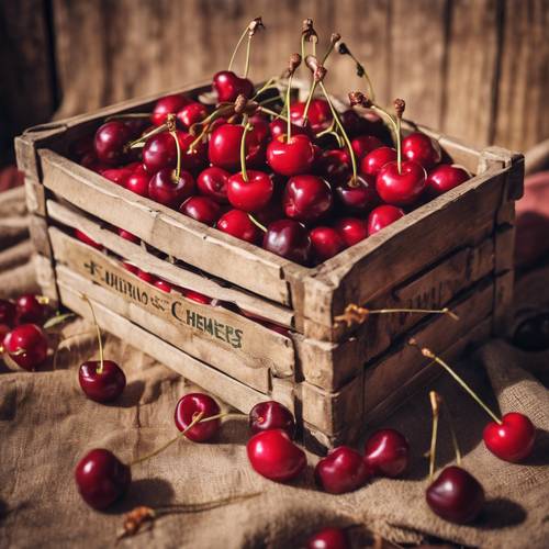 A vintage crate full of cherries, illustrated in a 1950s style.