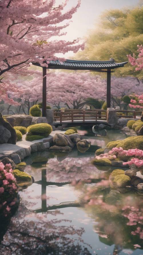 A serene Japanese garden in full spring bloom with cherry blossom trees and a quiet pond reflecting the pink flowers.