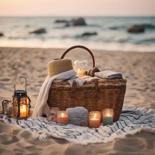 An aesthetic beach setting of a romantic picnic with lanterns, a woven basket, and a blanket spread out on the sand.
