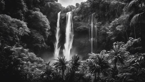 Gambar hitam putih dramatis dari air terjun yang menjulang tinggi di tengah hutan lebat.