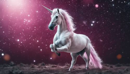 A white unicorn with a pink main and black hooves under a starry night.