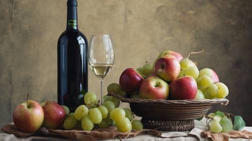 Uma pintura tradicional de natureza morta mostrando um arranjo de maçãs, uvas, peras e uma jarra de vinho.
