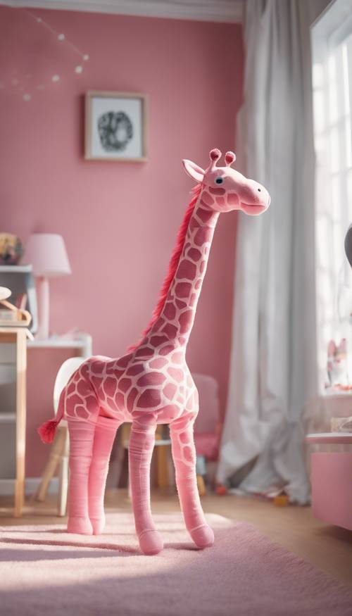 A pink giraffe that looks like a stuffed toy standing in a child's bedroom. Behang [164c4f7804f649a8b038]
