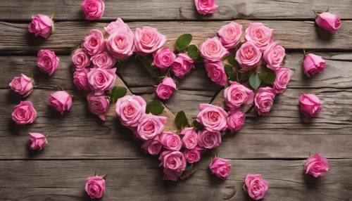 Rosas rosadas formando una forma de corazón sobre un fondo de madera rústica