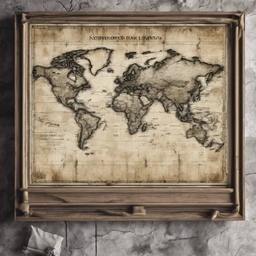 Eine alte, verblasste monochrome Weltkarte, die in einem Holzrahmen hängt.