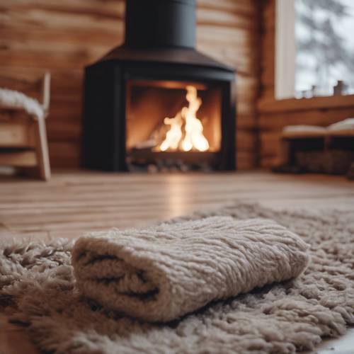 A square-shaped, minimalist Scandinavian fireplace in a cozy log cabin, with a fire flickering inside, and the floor covered by a fluffy wool rug.