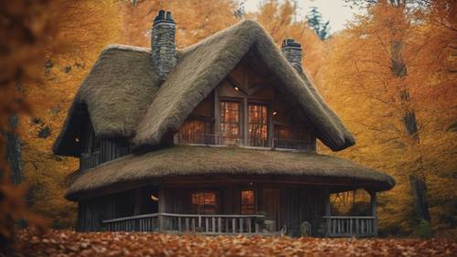 一座迷人的茅草屋頂小屋坐落在秋季森林中的高大樹木中。