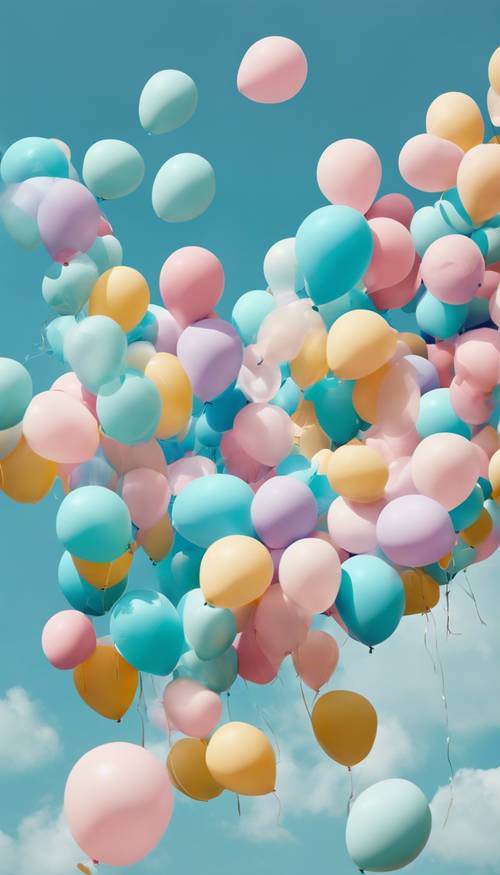 Un collage di fusione di colori di palloncini color pastello che galleggiano in un cielo azzurro.