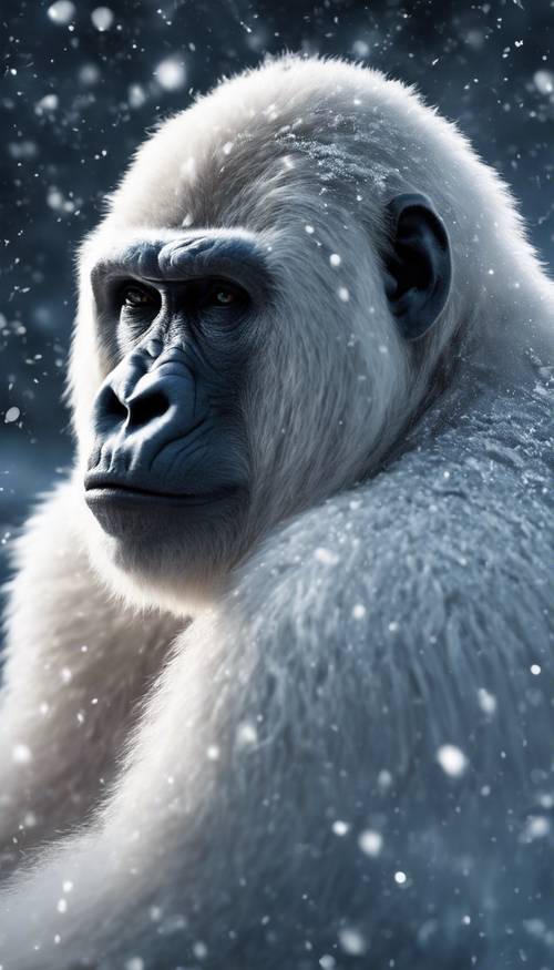 Un&#39;impressione artistica di un leggendario gorilla bianco seduto nella mistica neve illuminata dalla luna.&#39;
