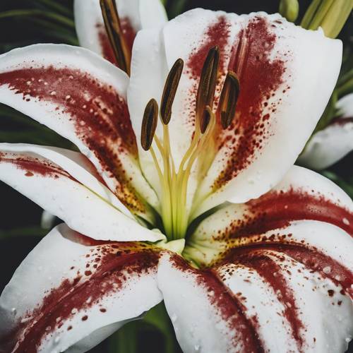 一朵纯净的百合花的特写，它的花瓣一半是红色，一半是白色，可以看到花粉的斑点。