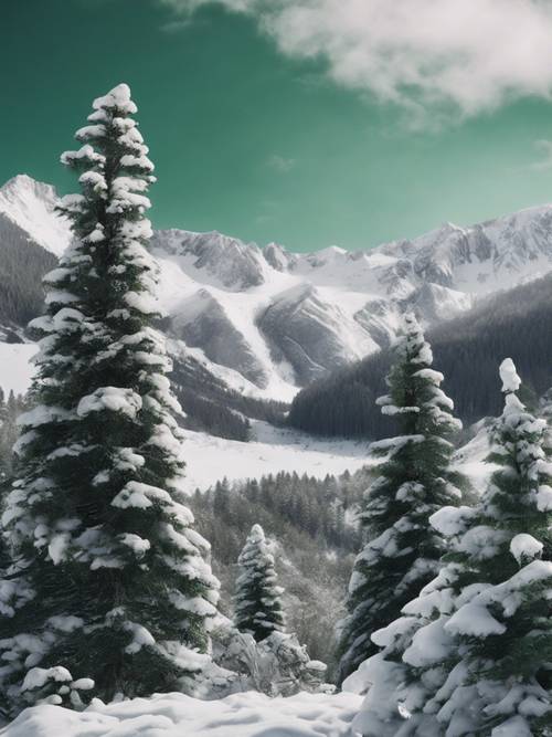 Interpretación artística de picos nevados blancos que contrastan con bosques de pinos verdes.