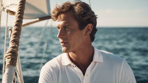 Um homem elegante de camisa polo aproveitando uma tarde velejando em um mar calmo.