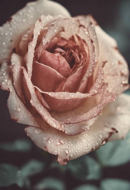 Primer plano de una rosa antigua, con sus vetas vívidas y atractivas, que insinúan una época pasada.