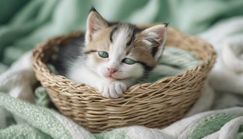 قطة صغيرة تنام داخل سلة منسوجة مخططة بألوان الباستيل الخضراء والبيضاء.