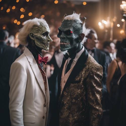 Well-dressed monsters mingling at a stylish Halloween gala.