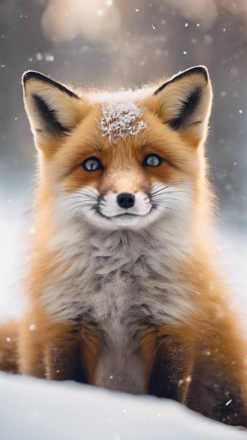 Ein Fuchsbaby hat sich im Schnee zusammengerollt und lugt neugierig aus seinem flauschigen weißen Fell hervor.
