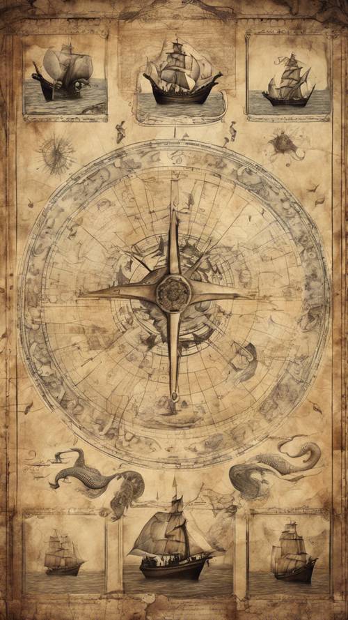 An ancient sea chart filled with sea monsters and mermaids.