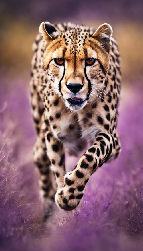 An elegant cheetah running swiftly, its fur adorned with pop-art style purple prints.