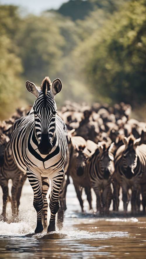 Uma zebra assumindo a liderança, guiando seu rebanho pela traiçoeira travessia do rio.