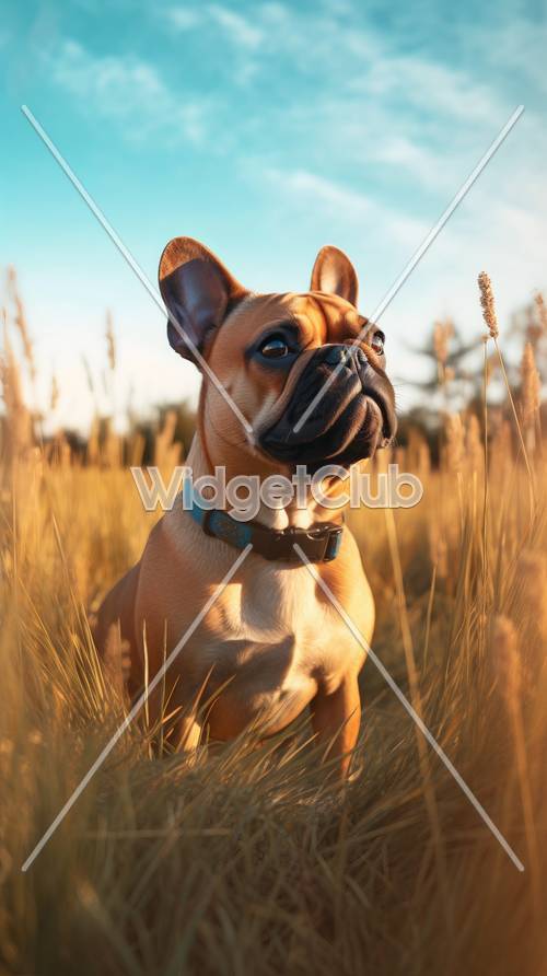 Joli chien assis dans un champ doré
