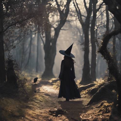 Uma bruxa caminhando com uma expressão resignada e pesada por uma floresta encantada enquanto seu familiar, um corvo, vigia.