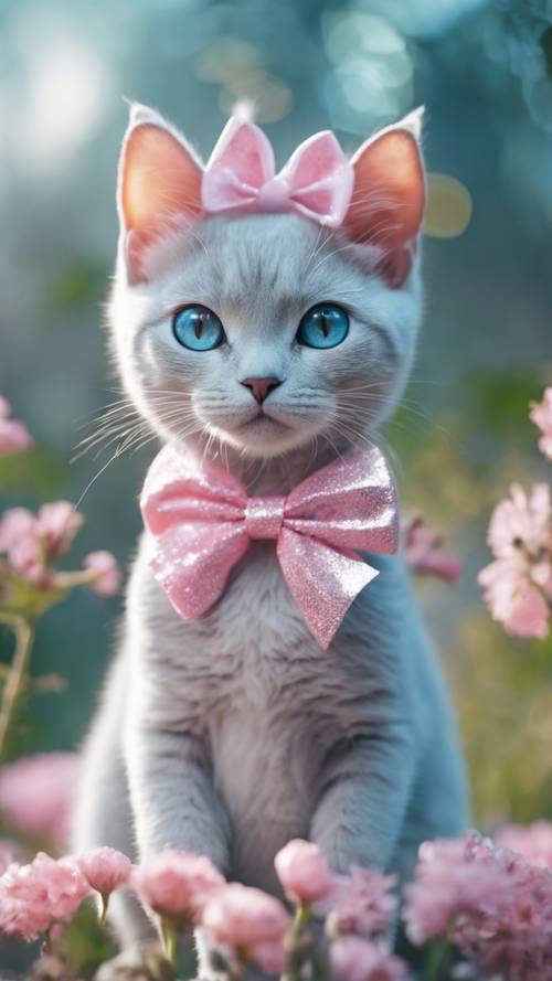 Seekor kucing kawaii berwarna biru muda dengan mata besar berkilau, mengenakan pita merah muda.