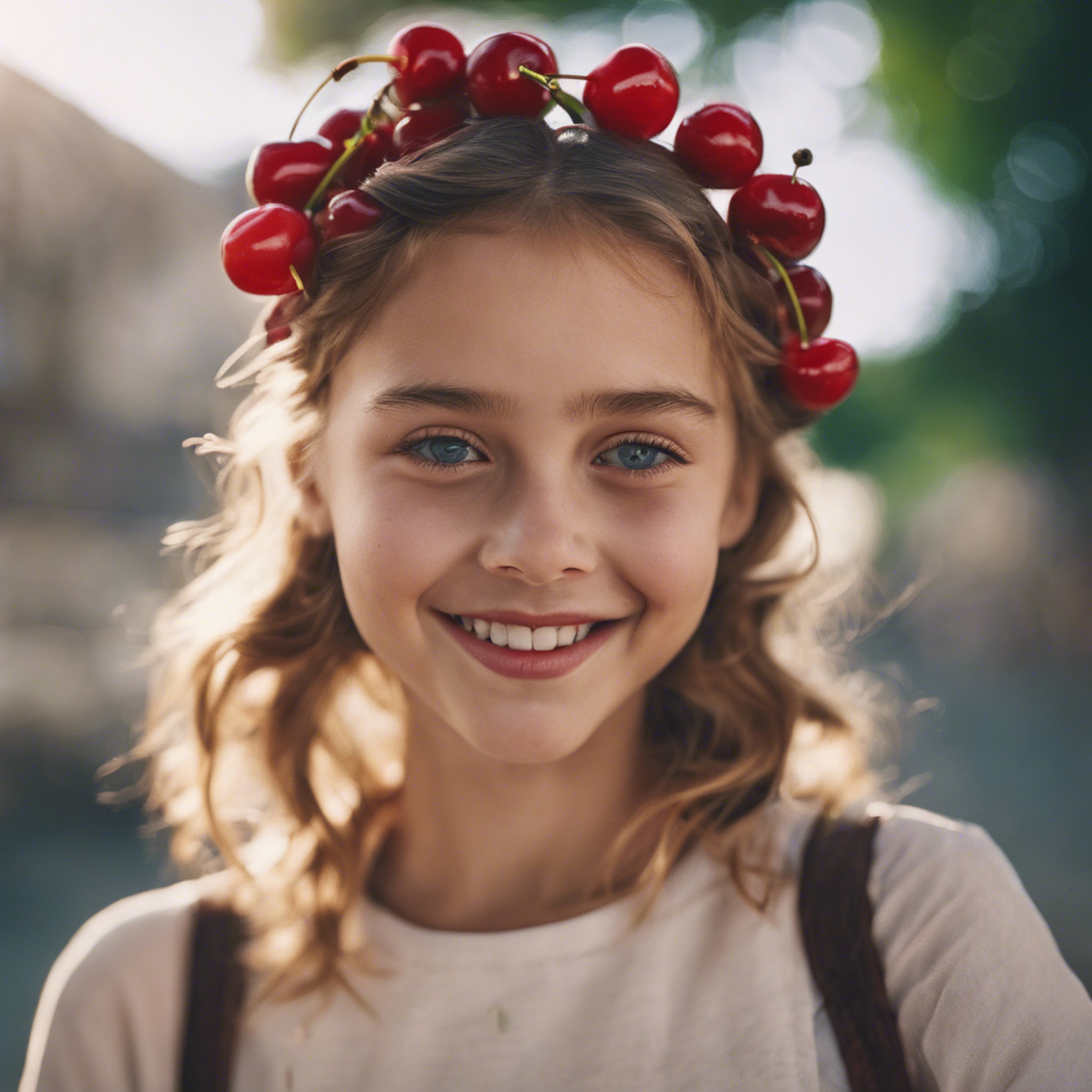 A girl with a cherry barrette in her hair, smiling at the viewer. Tapet[3ffde2b89a9346a6b02b]