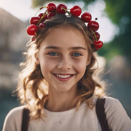 Uma garota com uma presilha de cereja no cabelo, sorrindo para o espectador.