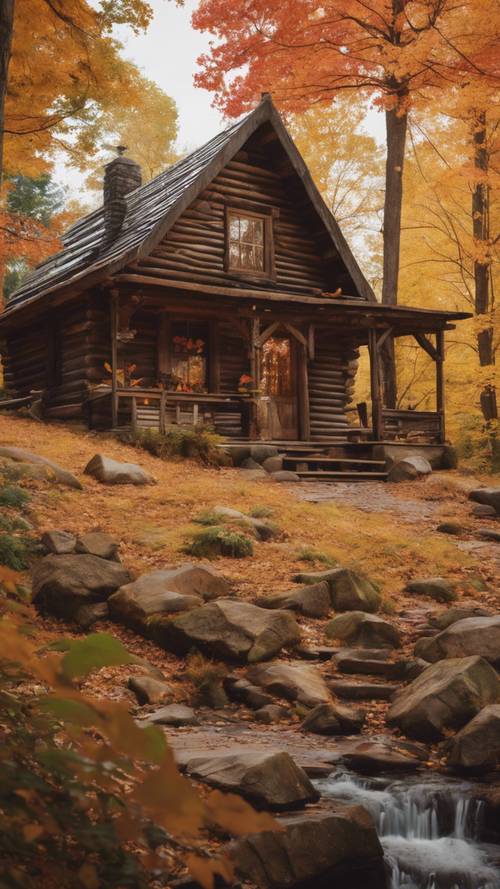 A rustic wood cabin nested among vibrant fall foliage.
