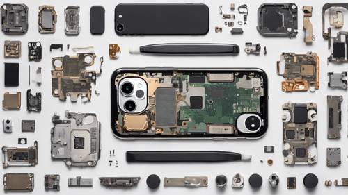 Top view of a disassembled iPhone 13 Mini revealing its intricate internal parts. Taustakuva [9b38820fd13e4e41a395]