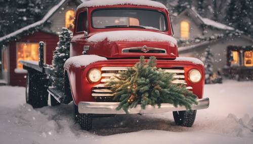 A nostalgic Christmas scene featuring a red pickup truck, hauling a freshly cut fir tree.