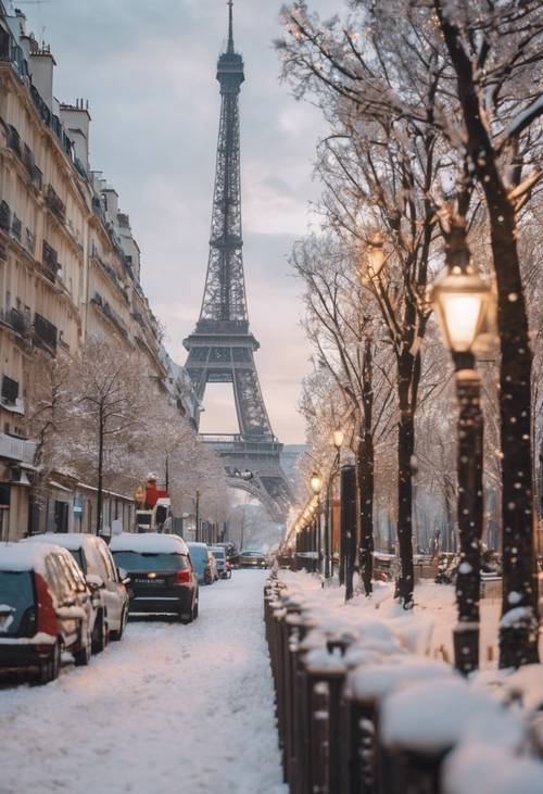 Christmas morning in Paris, the Eiffel Tower in the backdrop of a snow-covered city street decorated for Christmas.