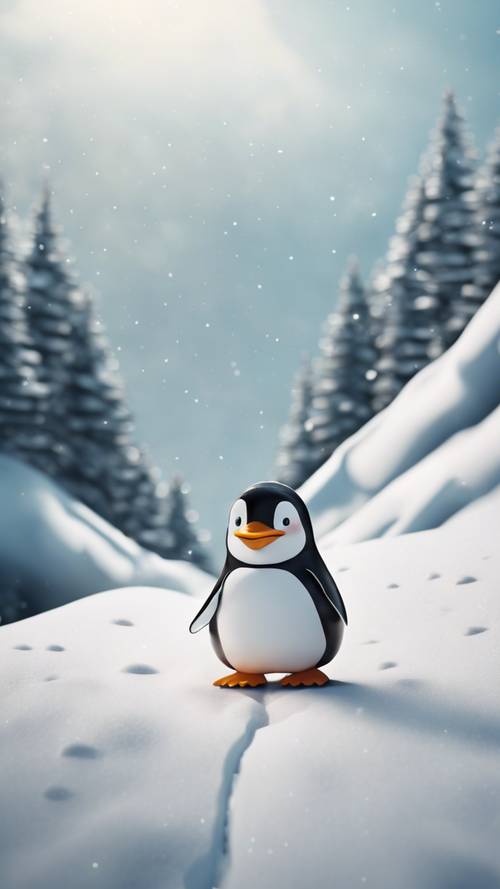 פינגווין מצויר מחליק בשמחה במורד גבעה מושלגת.