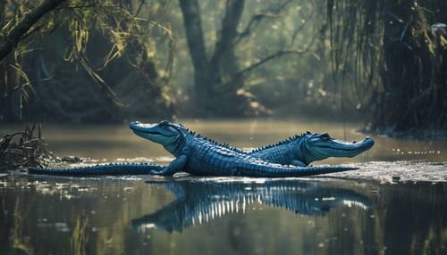 Dois crocodilos azuis envolvidos em uma exibição territorial em um pântano escuro.