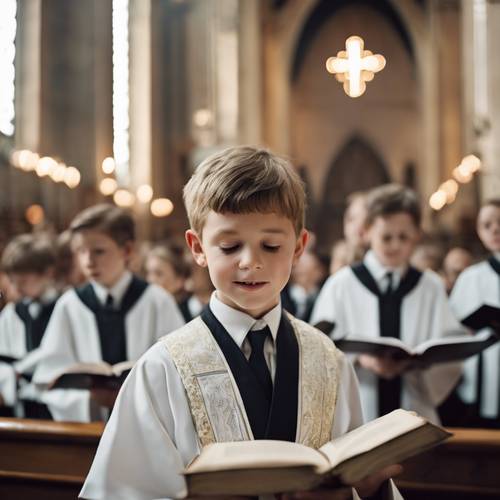 Un niño vestido con una túnica de coro, sosteniendo un himnario y cantando con alegría en una iglesia de techos altos.