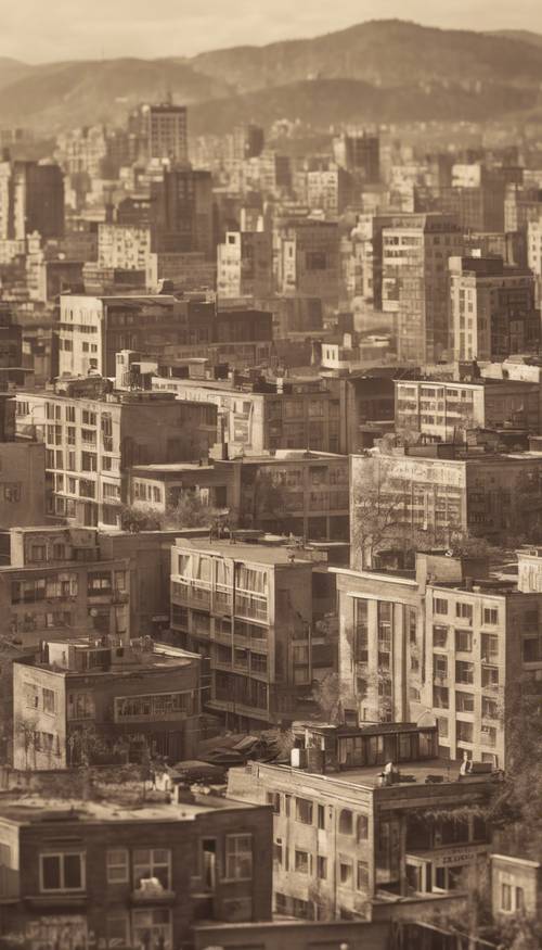 A vintage sepia-toned photograph of a 1960s cityscape