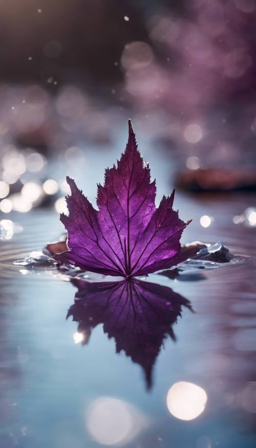 Zamrożona scena przedstawiająca jednego fioletowego liścia delikatnie dotykającego powierzchni krystalicznie czystego stawu.